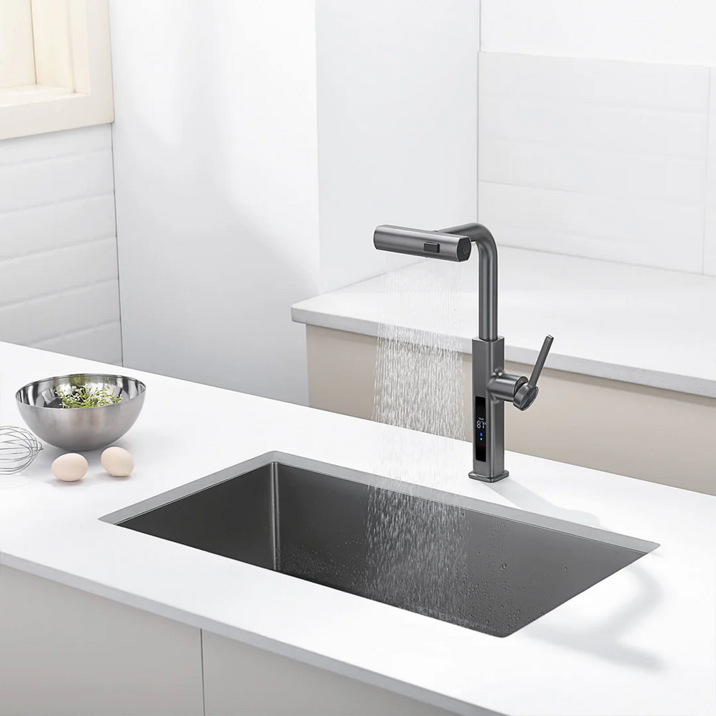 KHTAPA Waterfall & Pull-Out Kitchen Faucet with Temperature Display-KF2209