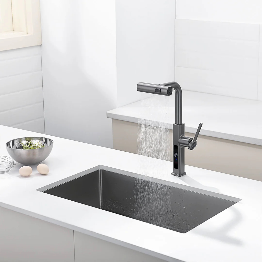 KHTAPA Waterfall & Pull-Out Kitchen Faucet with Temperature Display-KF2209