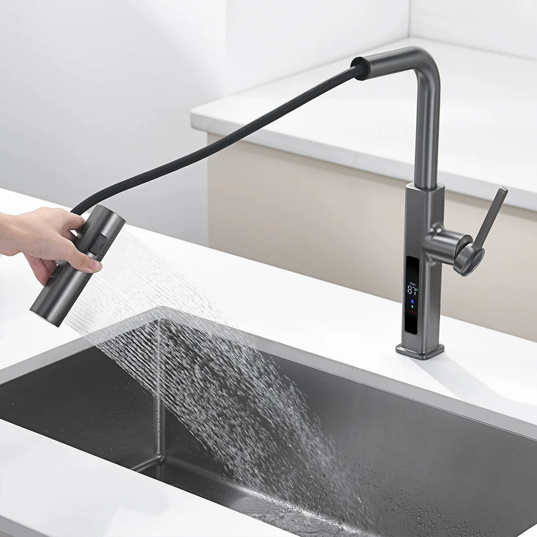 KHTAPA Waterfall & Pull-Out Kitchen Faucet with Temperature Display-KF2209