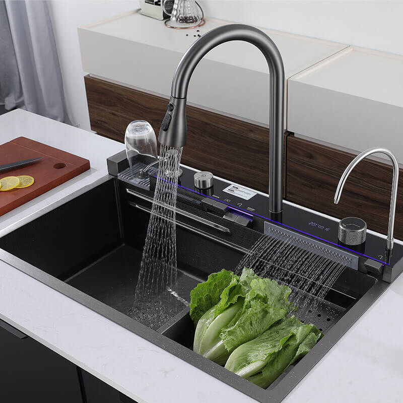 Stainless Steel Workstation Kitchen Sink with Integrated Waterfall and LED Temperature Display