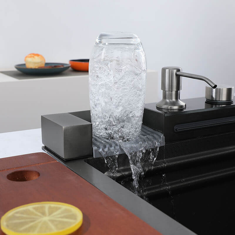 Stainless Steel Workstation Kitchen Sink with Integrated Waterfall and LED Temperature Display