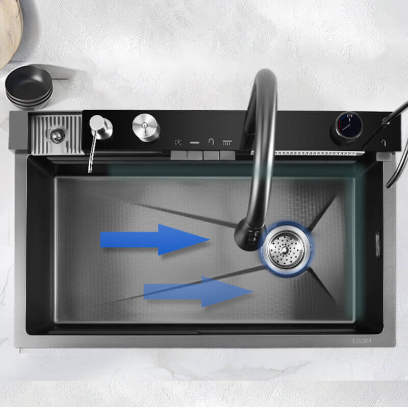 Stainless Steel Workstation Kitchen Sink with Integrated Waterfall and LED Temperature Display