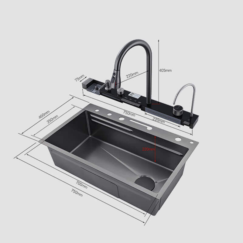 Stainless Steel Workstation Kitchen Sink with Integrated Waterfall and LED Temperature Display