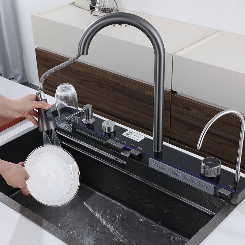 Stainless Steel Workstation Kitchen Sink with Integrated Waterfall and LED Temperature Display