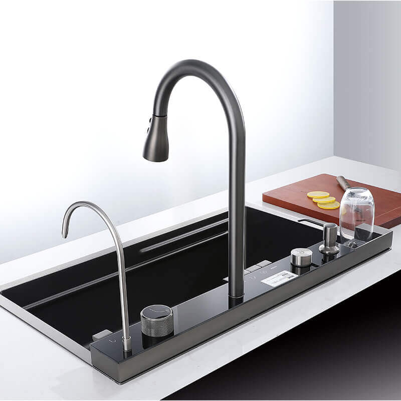 Stainless Steel Workstation Kitchen Sink with Integrated Waterfall and LED Temperature Display