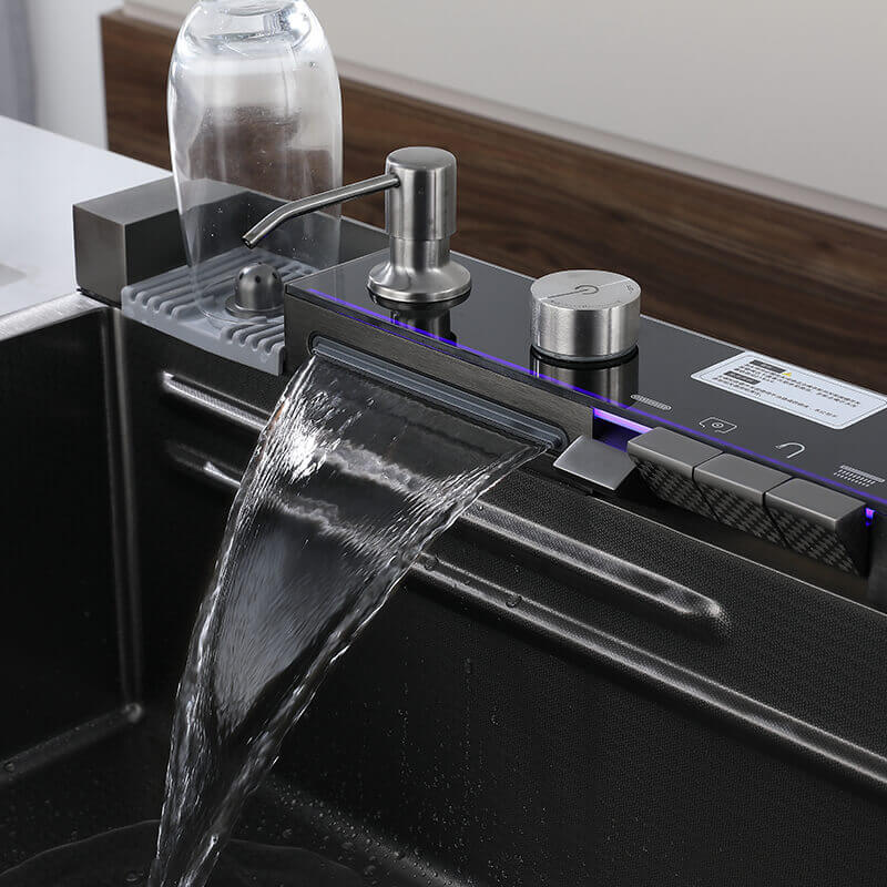Stainless Steel Workstation Kitchen Sink with Integrated Waterfall and LED Temperature Display