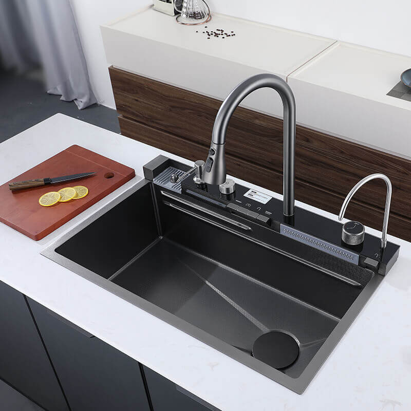 Stainless Steel Workstation Kitchen Sink with Integrated Waterfall and LED Temperature Display