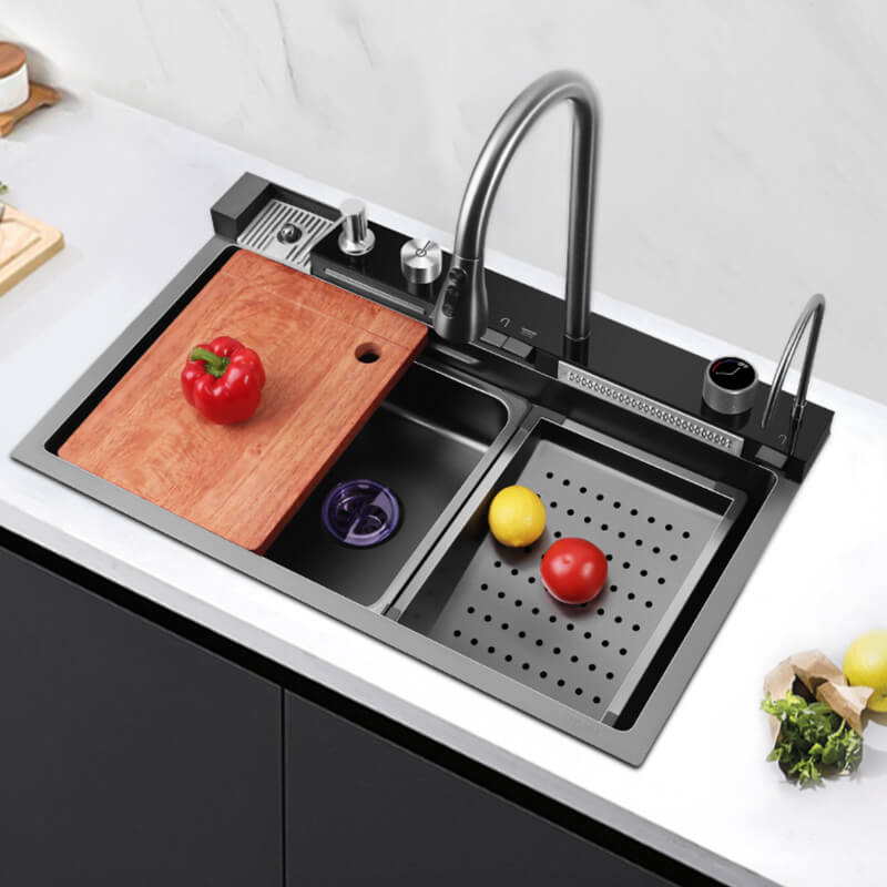 Stainless Steel Workstation Kitchen Sink with Integrated Waterfall and LED Temperature Display