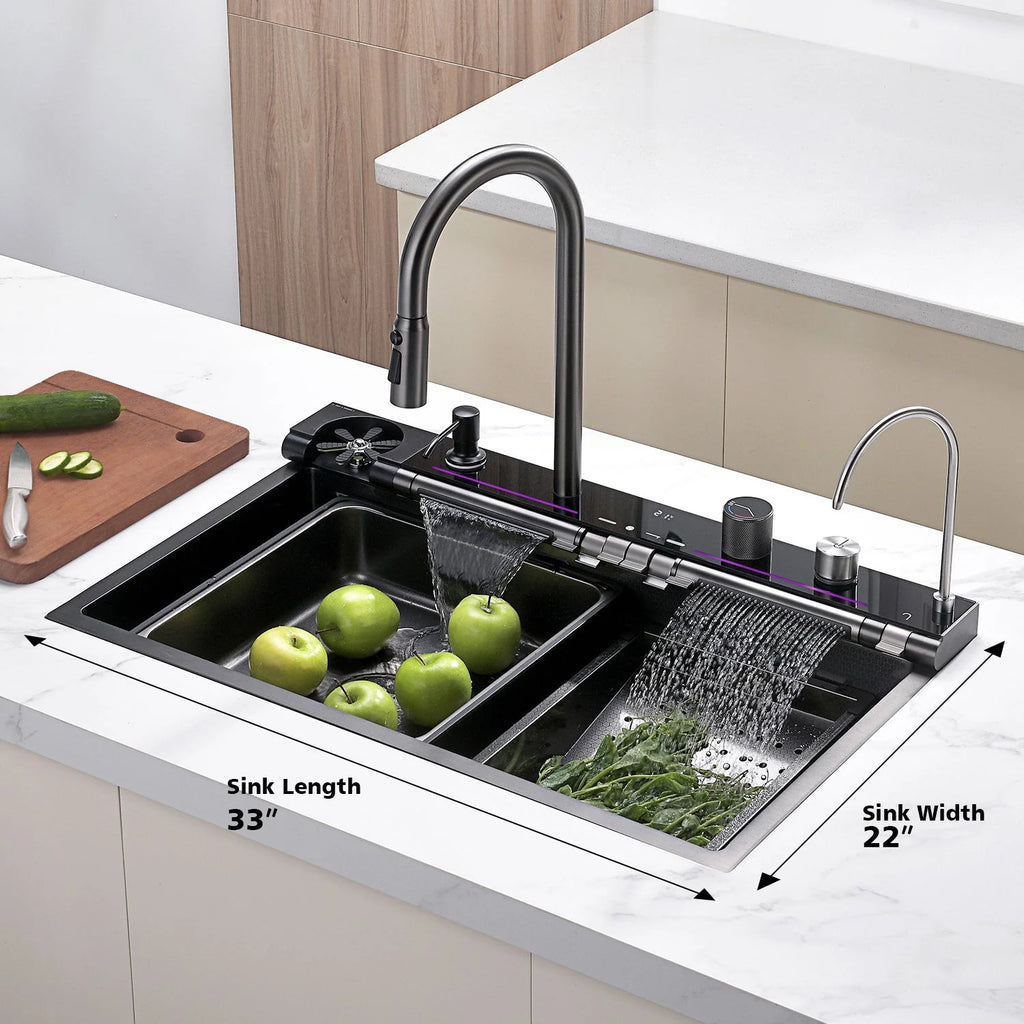 KHTAPA 33x22 Inch Drop-In Waterfall Faucet Kitchen Sink with Digital Temperature Display & LED Lighting-KS2207L