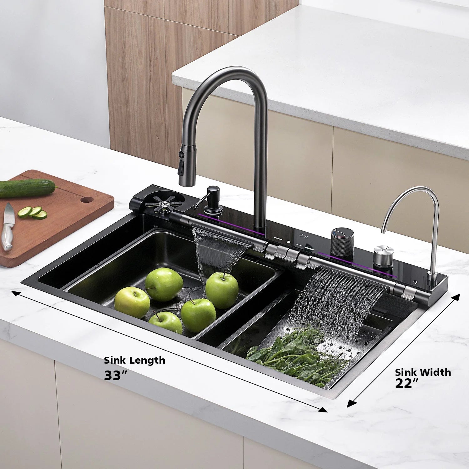KHTAPA 33x22 Inch Drop-In Waterfall Faucet Kitchen Sink with Digital Temperature Display & LED Lighting-KS2207L