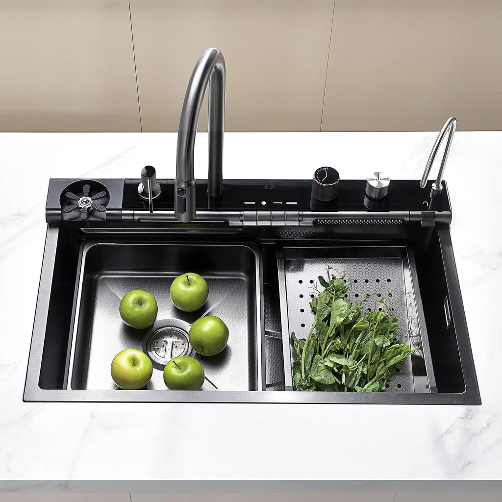 KHTAPA 33x22 Inch Drop-In Waterfall Faucet Kitchen Sink with Digital Temperature Display & LED Lighting-KS2207L