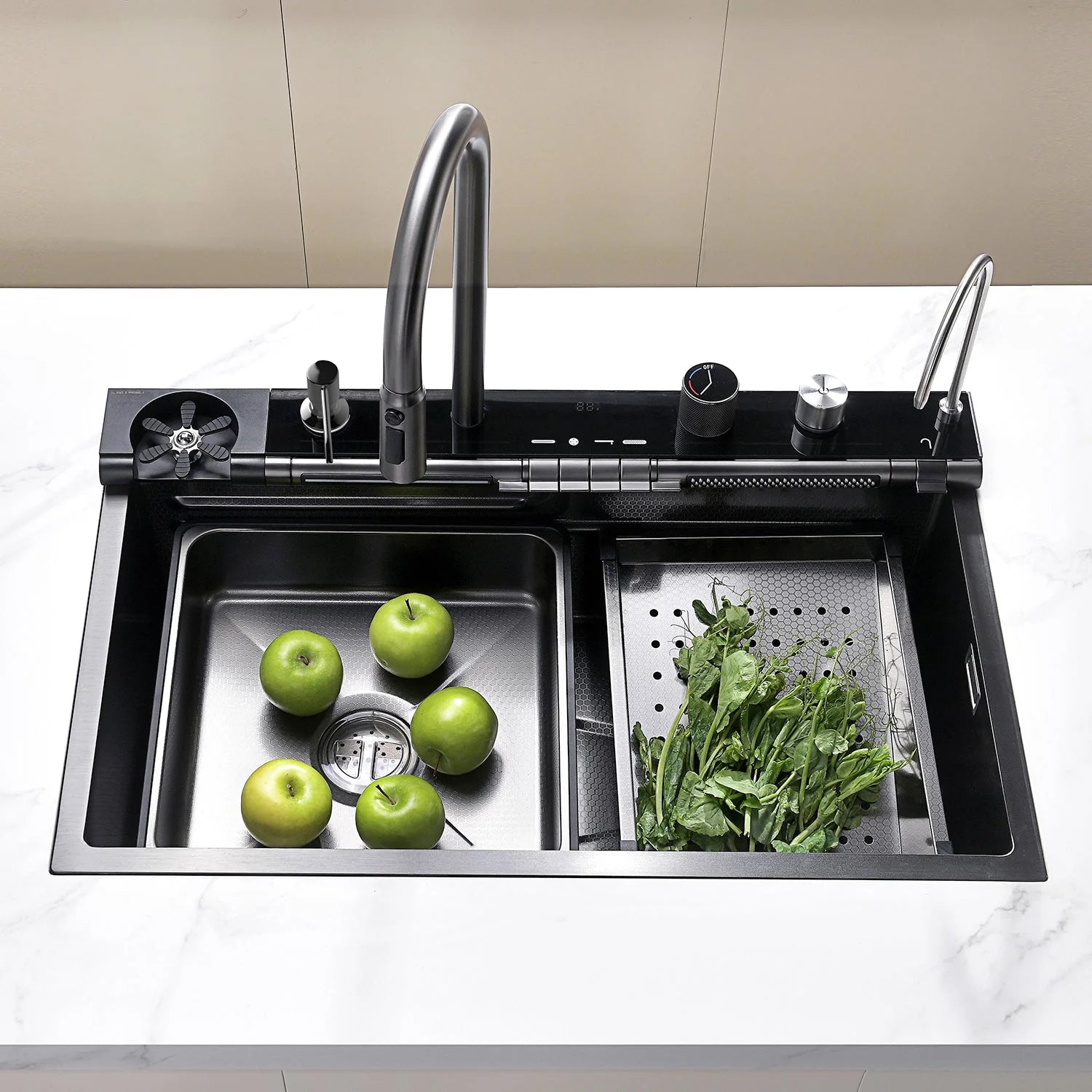 KHTAPA 33x22 Inch Drop-In Waterfall Faucet Kitchen Sink with Digital Temperature Display & LED Lighting-KS2207L