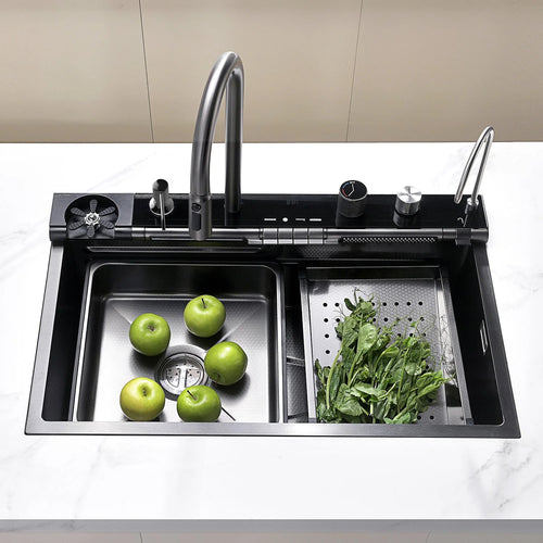 KHTAPA 33x22 Inch Drop-In Waterfall Faucet Kitchen Sink with Digital Temperature Display & LED Lighting-KS2207L