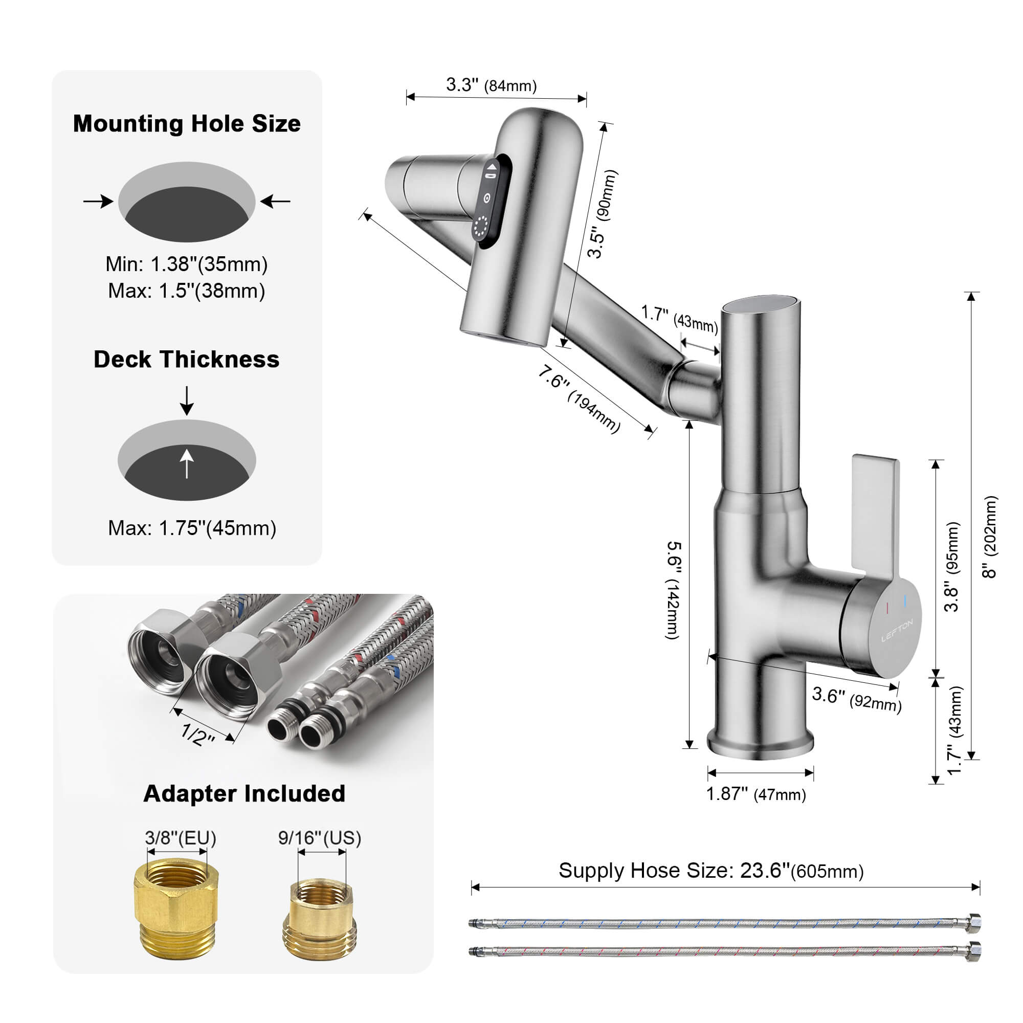 KHTAPA Single-Hole Rotatable Faucet with Temperature Display-BF2204