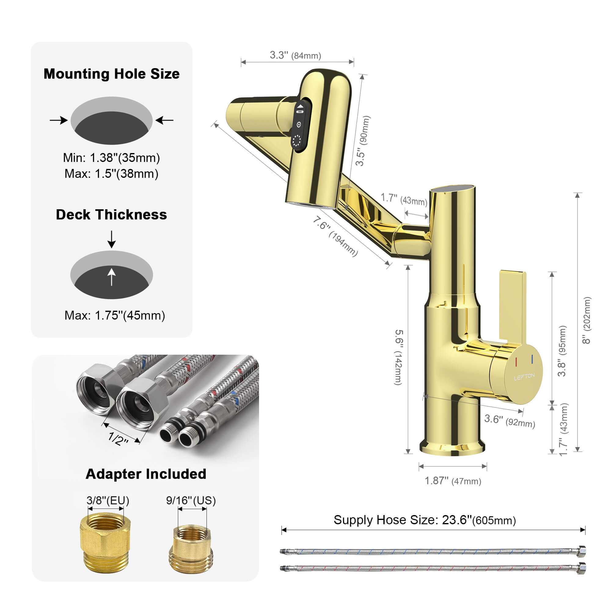 KHTAPA Single-Hole Rotatable Faucet with Temperature Display-BF2204