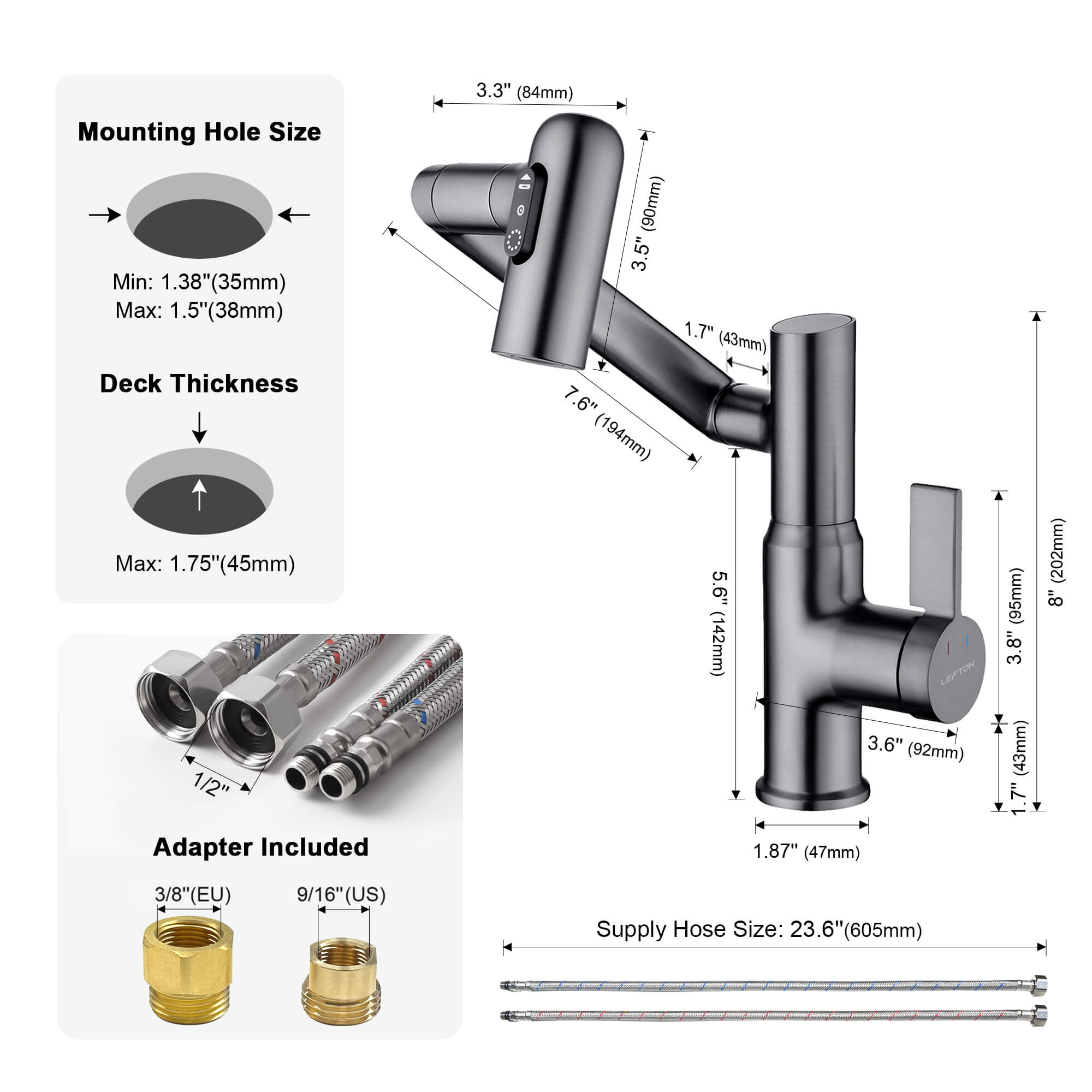 KHTAPA Single-Hole Rotatable Faucet with Temperature Display-BF2204
